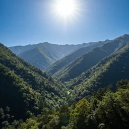 a landscape of mountains and a forest , blue and clear sky, sun is in the top, hyper detail, digital art,high quality, trending on ArtStation,marsterpiece, —ar 16:9