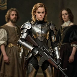 fashion model emma watson wearing metal gear armor holding rifle dramatic lighting art by rembrant by vermeer by Yoji Shinkawa by Richard Schmid  by greg rutkowski by Sandra Chevrier by Jeremy Lipking cinematic dramatic