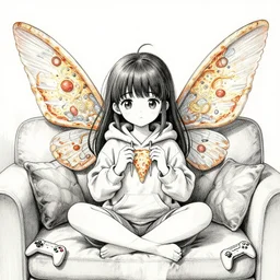 a cute fairy, symmetrical wings made of pizza, hoodie, couch, videogames, watercolor, pen and ink, intricate line drawings, by Yoshitaka Amano, Ruan Jia, Kentaro Miura, Artgerm, detailed, trending on artstation, hd, masterpiece,