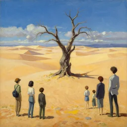 baroque oil painting of key visual environment concept art, anime sandy desert, lone twisted dead tree in center, brutalist fantasy, rule of thirds golden ratio, fake detail, trending pixiv fanbox, acrylic palette knife, style of makoto shinkai ghibli takashi takeuchi yoshiyuki sadamoto jamie wyeth james gilleard greg rutkowski chiho aoshima