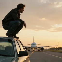 movie still of a man crouched on top of a car chasing a passenger jet down the runway of an airport, sunset, golden hour, dramatic