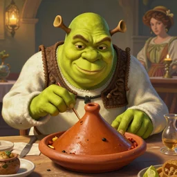 shrek eating moroccan tagine, highly detailed, digital painting, artstation, concept art, smooth, sharp focus, illustration, art by artgerm and greg rutkowski and alphonse mucha
