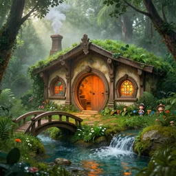 a medieval hobbit home, ornate, beautiful, atmosphere, vibe, mist, smoke, chimney, rain, well, wet, jungle, powerful, pristine, puddles, waterfall, clear stream, bridge, orange, green, stained glass, forest, flowers, concept art illustration, color page, 4 k, tone mapping, doll, akihiko yoshida, james jean, andrei riabovitchev, marc simonetti, yoshitaka amano, digital illustration, greg rutowski, volumetric lighting, sunbeams, particles, rembrandt