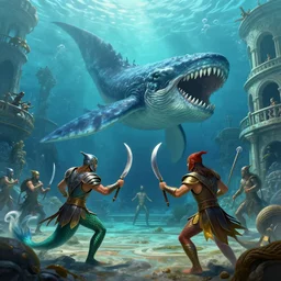 beautiful fantasy illustration of merfolk gladiators battling a kraken in an underwater colosseum under the sea. by andreas rocha and marc simonetti, trending on artstation 8k hq