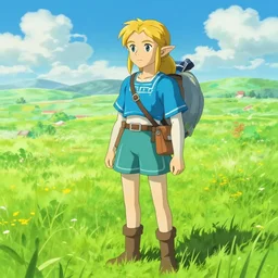 zelda in a field. cgsociety masterpiece, artstation trending, by rossdraws, ghibli, kimi no na wa, greg rutkowski, simon stalberg, greg manchess