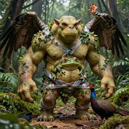 a high resolution realistic displacement portrait of an ork in a rainforest, sand normal map creature made of doglike class aves skin merged frog, bump map strangled by plastic wrap bower bird creature wrinkles pheasant, ivy complex feathers exotic morphing hoopoe, zebra morphing wings king vulture head