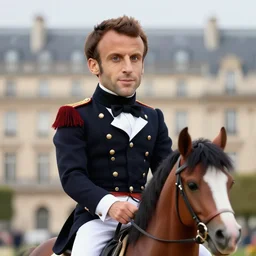closeup portrait of emmanuel macron dressed as napoleon riding a tiny horse in a paris street, natural light, sharp, detailed face, magazine, press, photo, steve mccurry, david lazar, canon, nikon, focus