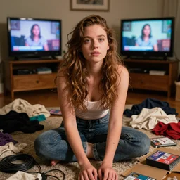 home photography portrait, the living room, comedy show on tv, clothes, dvd package , cable, cardboards ; mess, dirty, summer, Color VHS picture quality with mixed noise