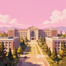 hiphop urban inspired college university campus in the year 2 0 3 0, beautiful landscape, concept art illustration, by studio ghibli and denys cowan, breathe of the wild style, hot pink and gold color scheme, 3 2 k, hd, epic composition, dof, perfect rules of thirds