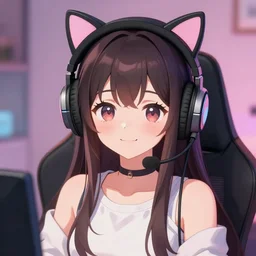 portrait of a cute anime girl streamer wearing cat ear headphones smiling at the camera, symmetrical face, perfect face details, digital painting, trending on artstation, deviantart, artgem, perfect composition, ross draws, wlop
