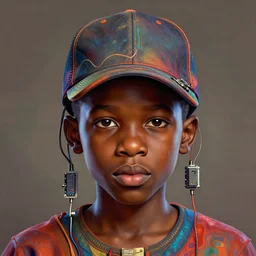 colourful caricature - vfx art - portrait of a nigerian boy wearing a baseball cap with wires and computer chips dangling from inside, art style by james jean, hsiao - ron cheng & frank frazetta, character concept art, digital illustration, sharp, intricate detail, volumetric light, ray tracing, soft light, symmetric, unreal engine render, pinterest, artstation, behance,