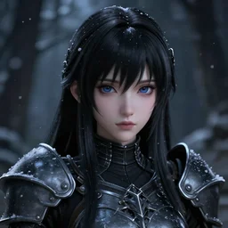 focus face portrait of beautiful darkness knight 3D anime girl as a kignt, dark forest background, snowing, bokeh, inspired by Masami Kurumada, digital painting, high contrast, unreal engine render, volumetric lighting, high détail