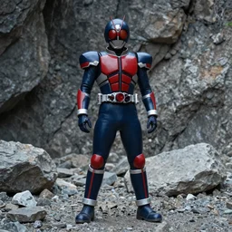 Kamen Rider standing in a rock quarry, single character full body, 4k, glowing eyes, rock quarry location, daytime, rubber suit, pvc armor, dark blue with red secondary color segmented armor, biomechanical, techno organic armor, ultra realistic, moody colors, ultra realistic, Beautiful Cinematography