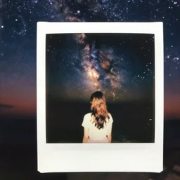 an aged polaroid photo of a young woman seen from behind, night, the galaxy is visible in the sky, detailed clouds, warm azure and red tones, film grain, color bleed