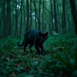 black cat hunting in the forest
