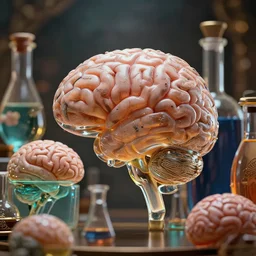 glass containers shaped like realistic brains filled with different liquids, cinematic shot, intricate, ornate, photorealistic, ultra detailed, realistic, 1 0 0 mm, photography, octane, high definition, depth of field, bokeh, 8 k, artstation