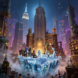 New York 2650 rendered by Beeple steampunk city, magic library, carving on southern ice porcelain , overdetailed art, by greg rutkowski, by Alfons Mucha, complementing colors, colorful lights, fireflies, detailed illustration, octane render, smoky