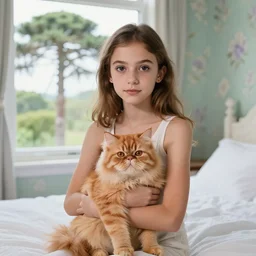 portrait photo of a slim girl with 1 0 year old, light brown hair, brown eyebrows, brown eyes, pretty eyelashes, holding an orange persian cat sitting in a queen size bed, daylight from big window with an araucaria tree outside, green and light purple flowers wallpaper