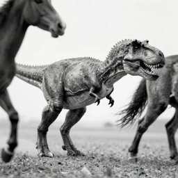 [ [ [ [ [ t rex ] ] ] ] ] and a horse with leg [ [ and heels ] ], walk, movement, soft, black and white, photograph, 1 8 5 0 s