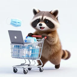 happy raccoon pushing a grocery cart filled with medical supplies, a laptop and a face mask