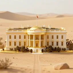 photograph of a version of the white house made of solid gold in the middle of the desert, detailed, depth of field, 8 k render