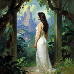 A beautiful jungle princess wearing white robes stands in a doorway looking out over a fantastical city, by Frank Frazetta