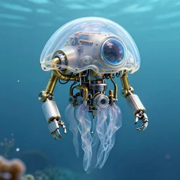 mechanical jellyfish robot machine under the sea, dome portholes, brass pipes, wires, detailed illustration, concept art, dynamic colour palette, highly detailed, high contrast, strong lighting