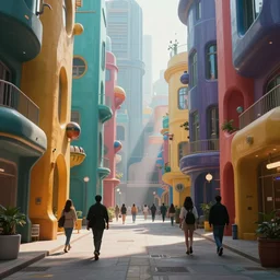 A colorful science fiction neigbourhood, in the future. The walls change colour and shape depending on the clothing of the people walking in front of them, epic lighting, 8K, volumetric light, lightrays, 35mm, urban, hyperrealistic, insanely detailed, atmospheric
