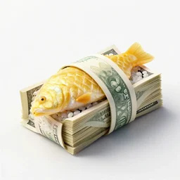 sushi made of golden fish, wrapped in dollar bills, matte painting, digital art