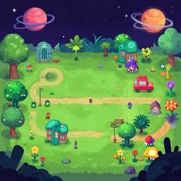 in a park in a small town on an alien planet, with strange alien plants and flowers, from a space themed Serria point and click 2D graphic adventure game, made in 2019, high quality graphics