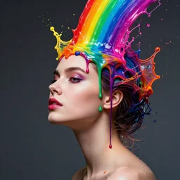 rainbow melting dripping over a head of beautiful woman splash art graphic design color splash high contrasting art, fantasy, highly detailed, art by greg rutkowski