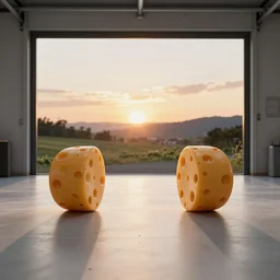 close shot of a Hyundai car with cheese wheels on a white garage floor near a window at sunset, 3d render, unreal engine 5, octane render, 4k, low contrast, ray tracing, serene landscape, calm, relaxing, beautiful landscape, highly detailed, high quality, product photo, hyperrealistic, concept art, symmetrical, centered, godrays