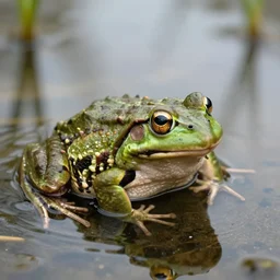 massive frog sitting in a small pond, water ripples, 4 k, photorealistic,
