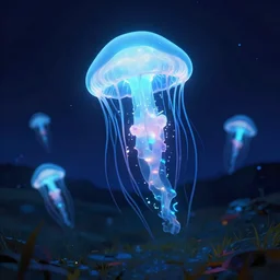 floating luminescent jellyfish in an open landscape, Low level, rendered by Beeple, Makoto Shinkai, syd meade, simon stålenhag, environment concept, synthwave style, digital art, unreal engine, WLOP, trending on artstation, 4K UHD image, octane render,