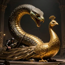a monstrous snake crushing a giant gold peacock statue, scene by greg rutkowski, wlop, artgerm, dramatic lighting, strong shadows, volumetric, cinematic atmosphere, octane render, artstation, 8 k