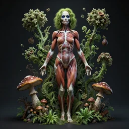 a beautiful detailed photo of a full body rotten woman corpse morphing into fractal plants and fractal flowers and mushrooms, muscles, veins, anatomical, intricate, ornate, volumetric light, beautiful lit, beetlejuice