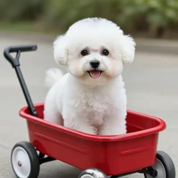 a photorealistic photograph of a smiling white Bichon Frisé puppy riding in a little red wagon overflowing with french fries during sunset at the beach Trending on Artstation, featured on Behance, well-rendered, Unreal Engine, 4K HD
