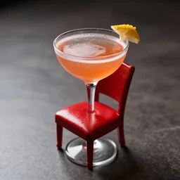 a spectacular cocktail served on a tiny red chair