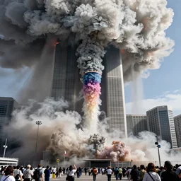 wide angle photo of 9/11 attack but the smoke is a gender reveal, hyper realistic, 8k 2001 photo
