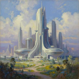 Futuristic Brutalist City, solarpunk, Landscape oil painting