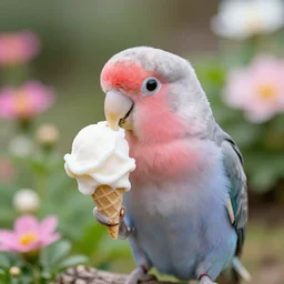 a cute pink and white rosy - faced lovebird eating an ice cream in a flower garden. cell phone photograph