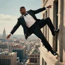 idris elba as james bond, cinematic action scene, struggling to not fall off a building, straining, tuxedo, color corrected, promotional movie shot