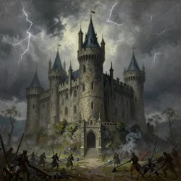 gothic castle during a siege, thunderstorm, oil painting