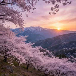 sakura blossom in the mountains, stunning, extraordinary, made in abyss style, epic sunset, detailed, dynamic scene