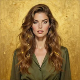 epic painting drawing, full figure portrait of beautiful supermodel wearing olive blouse, long wavy hair with tea leaves few of them are gold, photography by amy leibowitz, wlop, jeremy lipkin, beeple, intricate, symmetrical front portrait, artgerm, golden glowing background