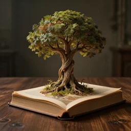 tree of wisdom growing out of a book, on a wooden table, rim light, extremely detailed, masterpiece, artstation, cinematic lighting, photographic, by greg rutkowski and alphonse mucha, wolp