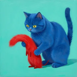 a big blue cat caught a red sable. turqoise background. painting by eddie mendoza, greg rutkowski