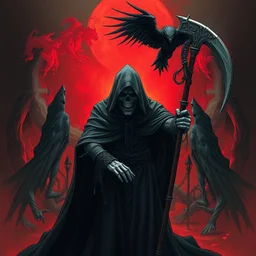 death in front of hell with a cloak and an ominous black air holding a sickle, ominous, realistic smooth detailed artwork, intricate lines, clear focus, conceptual art, scene art, artstation, arsen asyrankulov, antonino truisideath