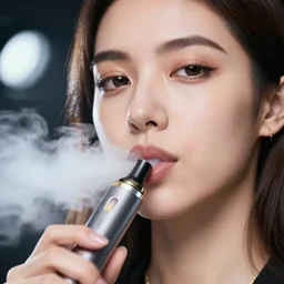 award - winning face close - up photo of the beautiful girl with a vape in the mouth, she vapes towards the camera. sigma 8 5 / 1, 4 dg, ultra - hd, hcl, one point lighting, volumetric lighting, studio lightning