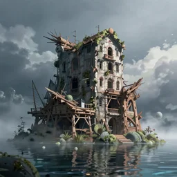 building by denis sarazhin, reclaimed by nature anime dramatic lighting water alien morning sun cosmic darkacademia sci - fi azeroth, archdaily, wallpaper, highly detailed, trending on artstation.